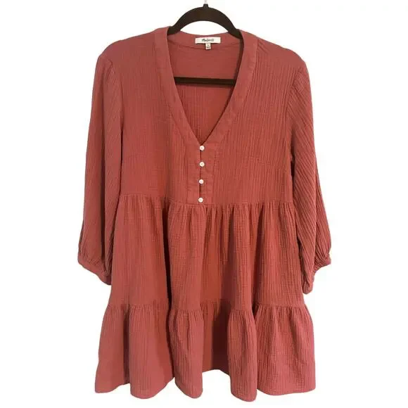 Madewell Sz 4 Cotton Gauze Baby Doll Dress Deep Coral Button Front Mini Pockets - Picture 4 of 6